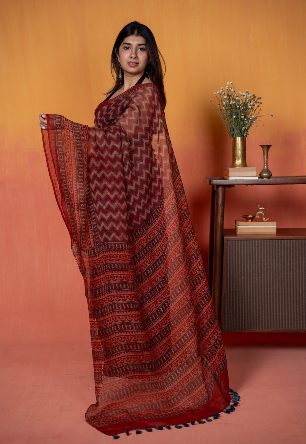 Red Chevron Ajrakh Hand Block Print Kota Doria Cotton Saree