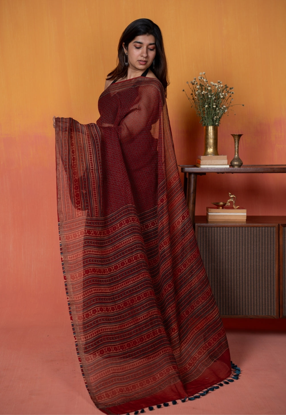 Red Geometric Ajrakh Hand Block Print Kota Doria Saree