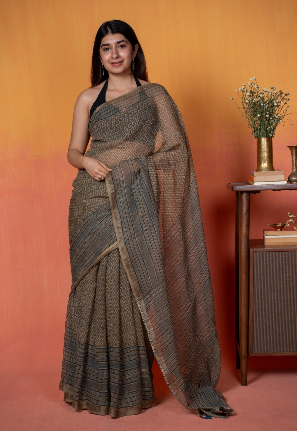 Grey Floral Border Ajrakh Hand Block Print Kota Doria Cotton Saree