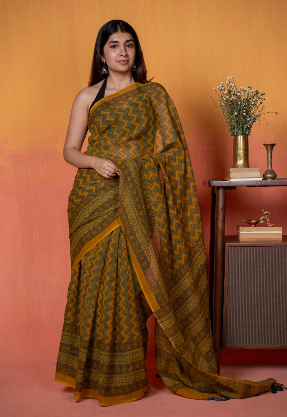 Yellow Zigzag Ajrakh Hand Block Print Kota Doria Cotton Saree