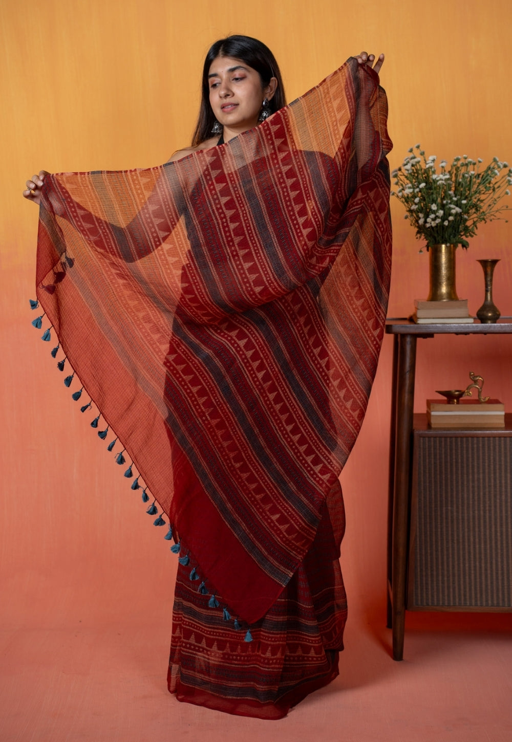 Red Objects Ajrakh Hand Block Print Kota Doria Cotton Saree
