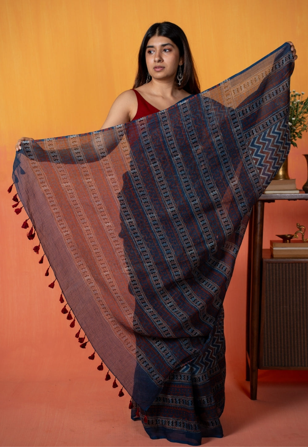Blue Chevron Ajrakh Hand Block Print Kota Doria Cotton Saree