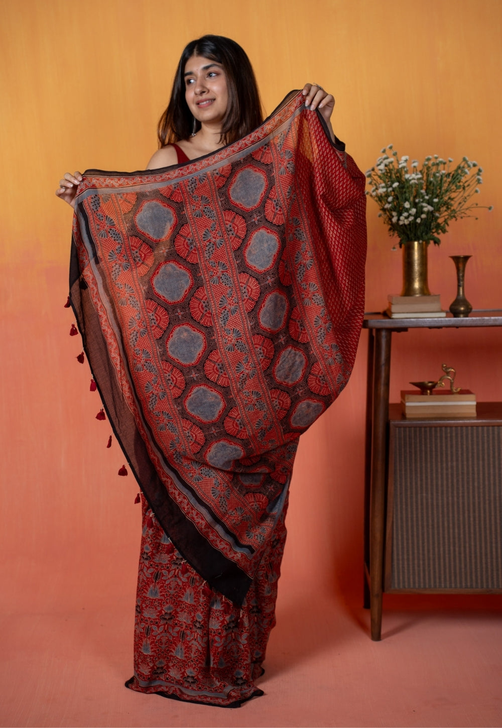 Red Mug Butti Ajrakh Hand Block Print Mul Saree