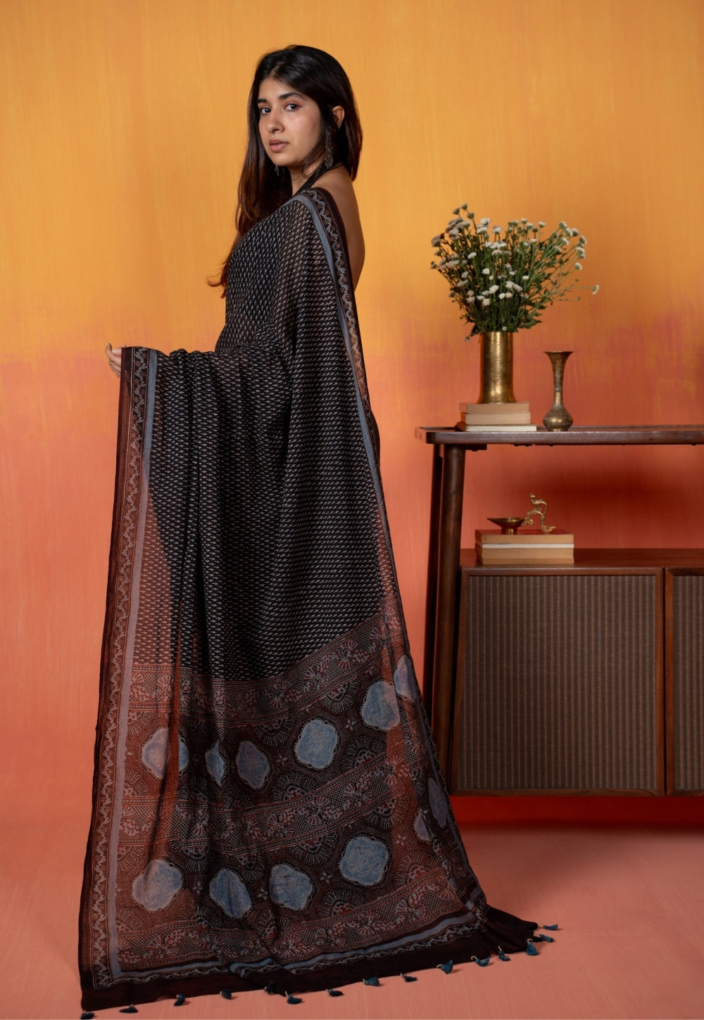 Black Mug Butti Ajrakh Hand Block Print Mul Saree