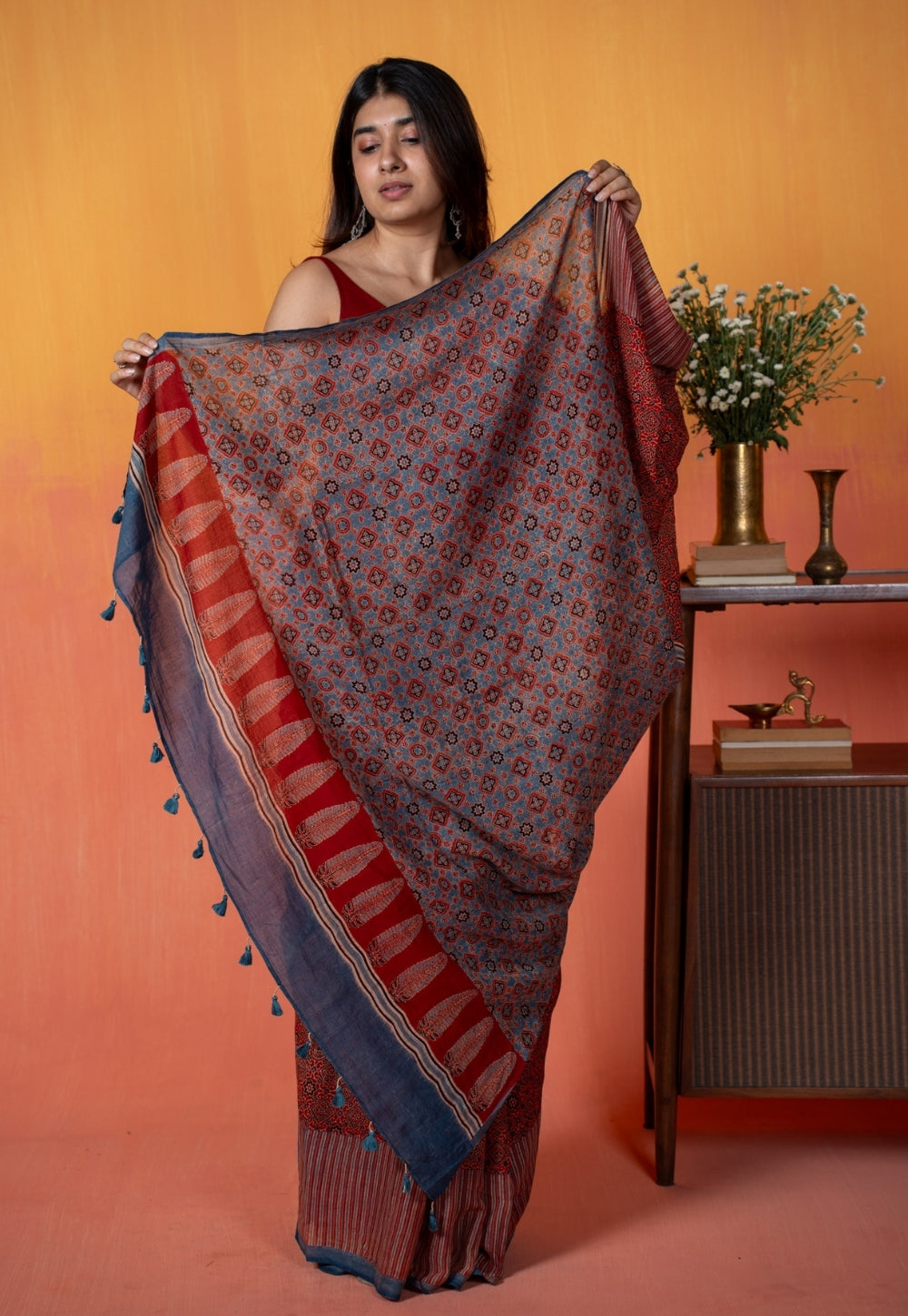 Red Geometric Jaal Ajrakh Hand Block Print Mul Saree