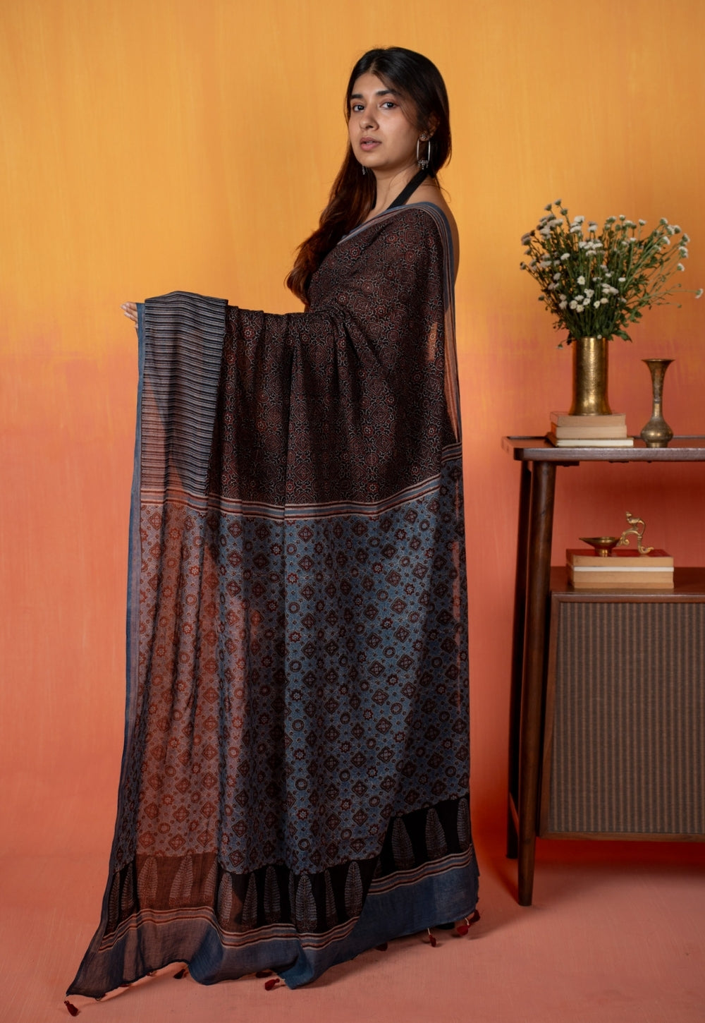 Black Geometric Jaal Ajrakh Hand Block Print Mul Saree