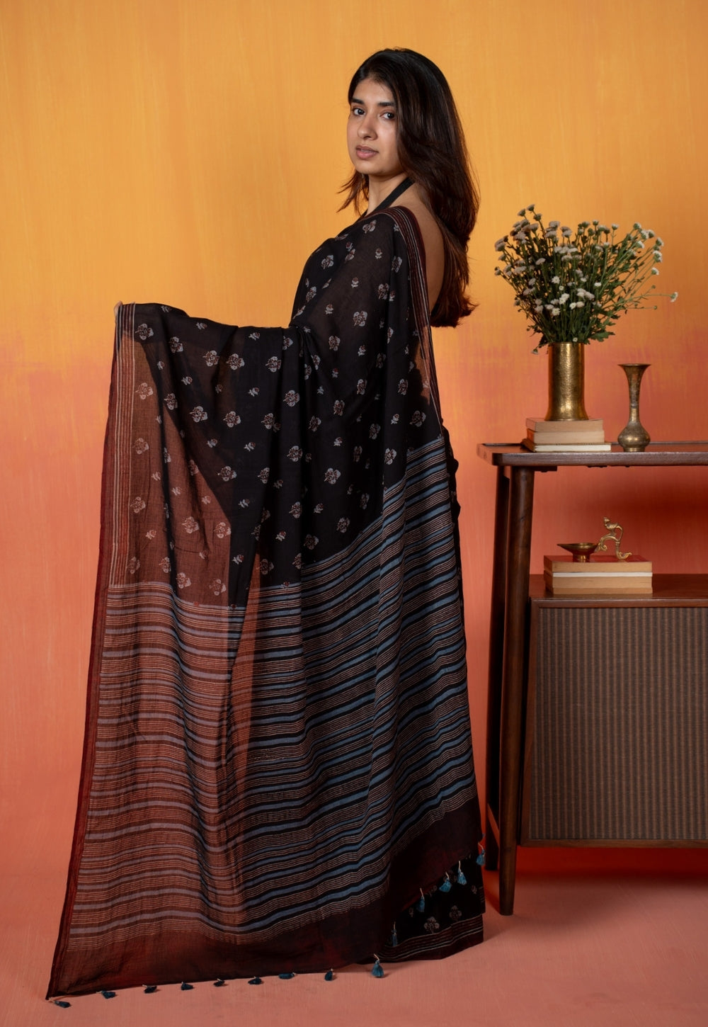 Black Floral Butti Ajrakh Hand Block Print Mul Saree