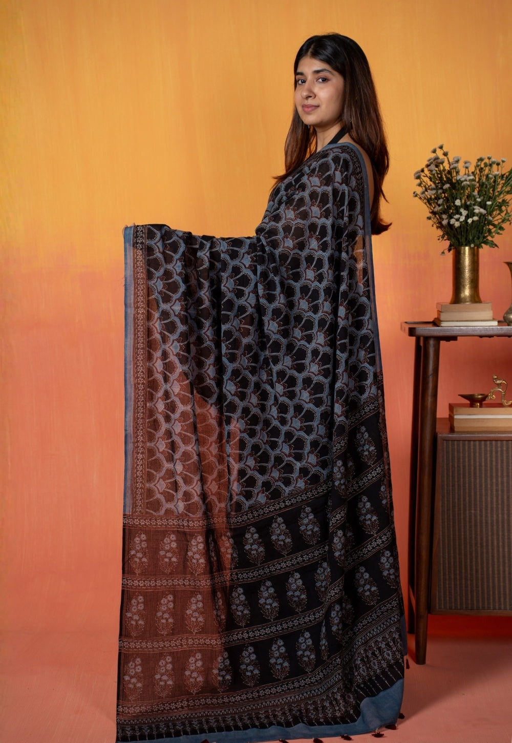 Black Clamshell Ajrakh Hand Block Print Mul Saree
