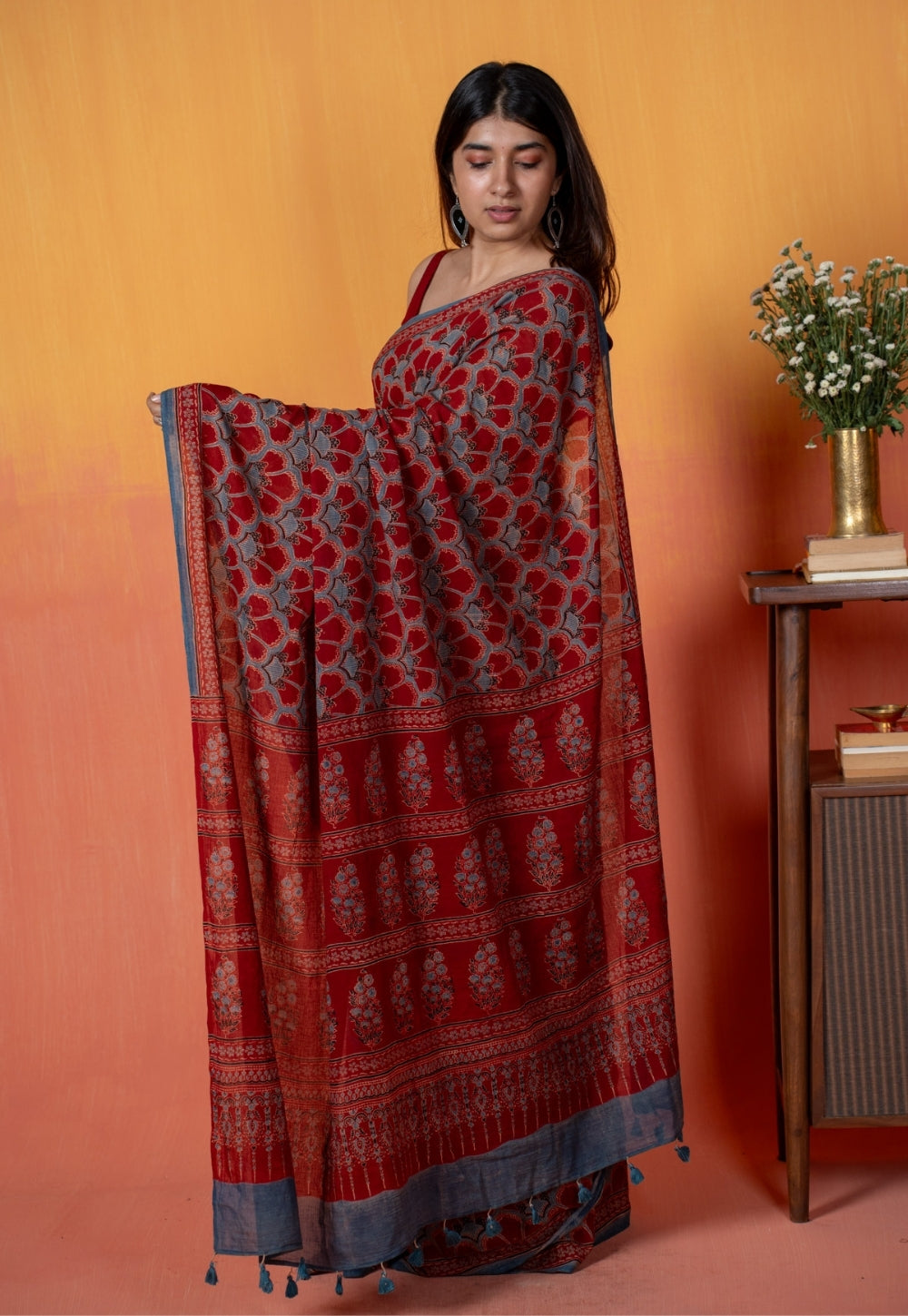 Red Clamshell Ajrakh Hand Block Print Mul Saree
