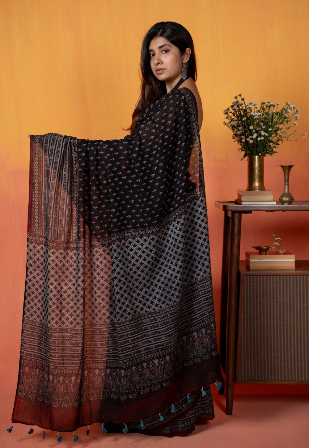 Black Butti Ajrakh Hand Block Print Mul Saree
