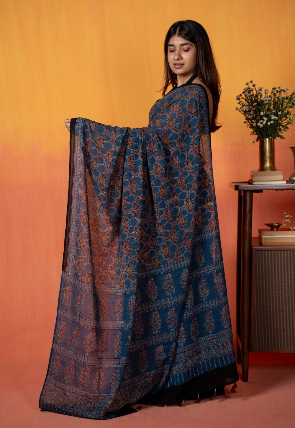 Blue Floral Jaal Ajrakh Hand Block Print Mul Saree