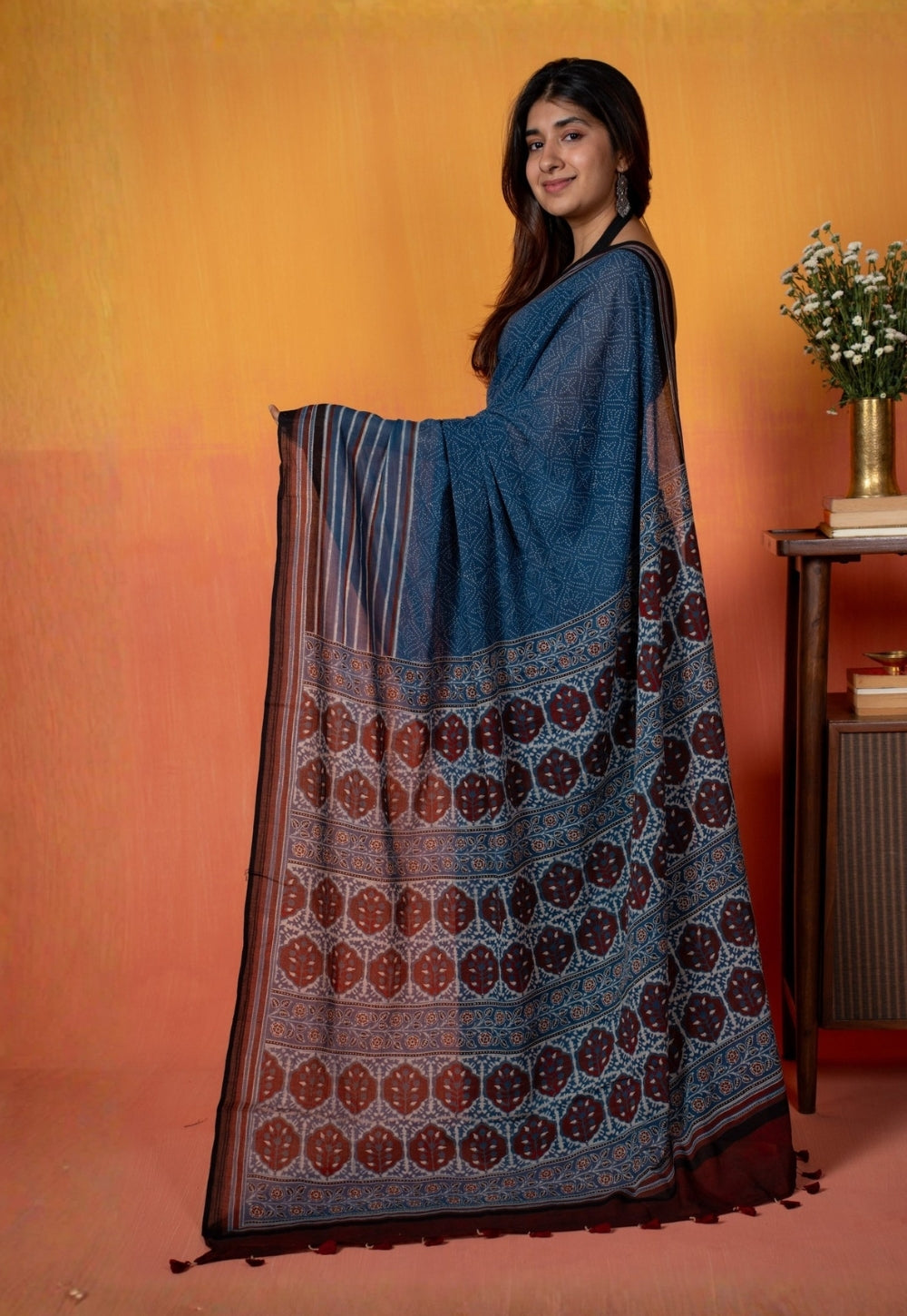 Blue Floral Ajrakh Hand Block Print Mul Saree