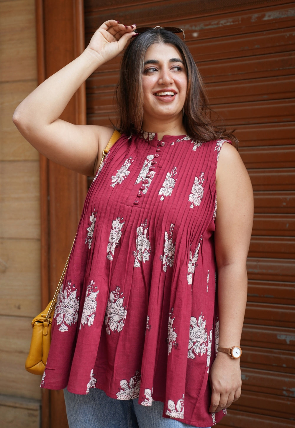 Ryza Red Dabu Slub Cotton A Line Short Top