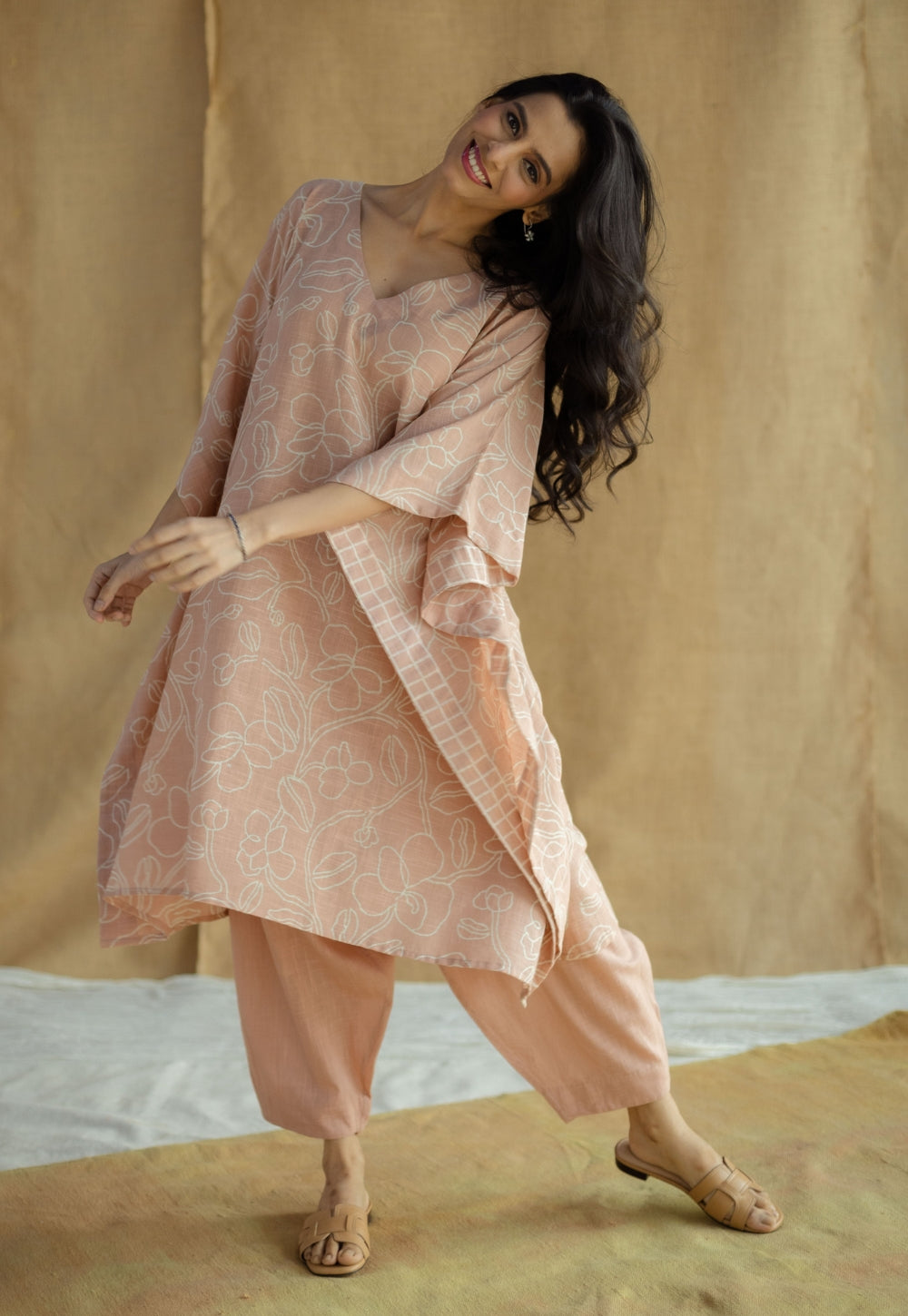 Sadiya Peach Hand Block Print Slub Cotton Anti-Fit Kaftan