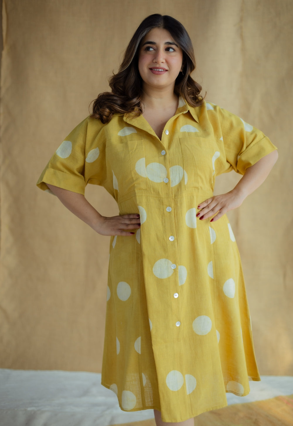 Falak Mustard Hand Block Print Slub Cotton A Line Dress