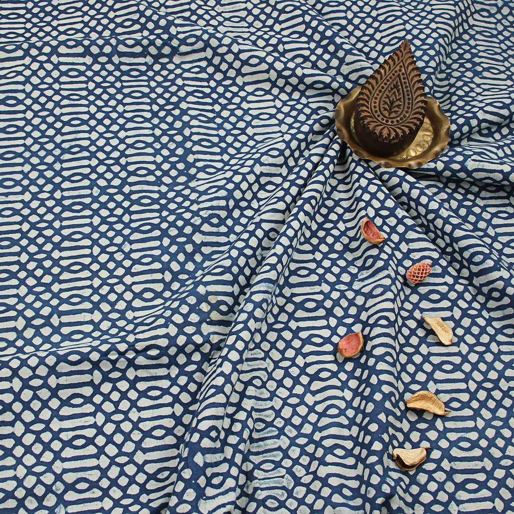 Blue Geometric Dabu Hand Block Print Cotton Fabric