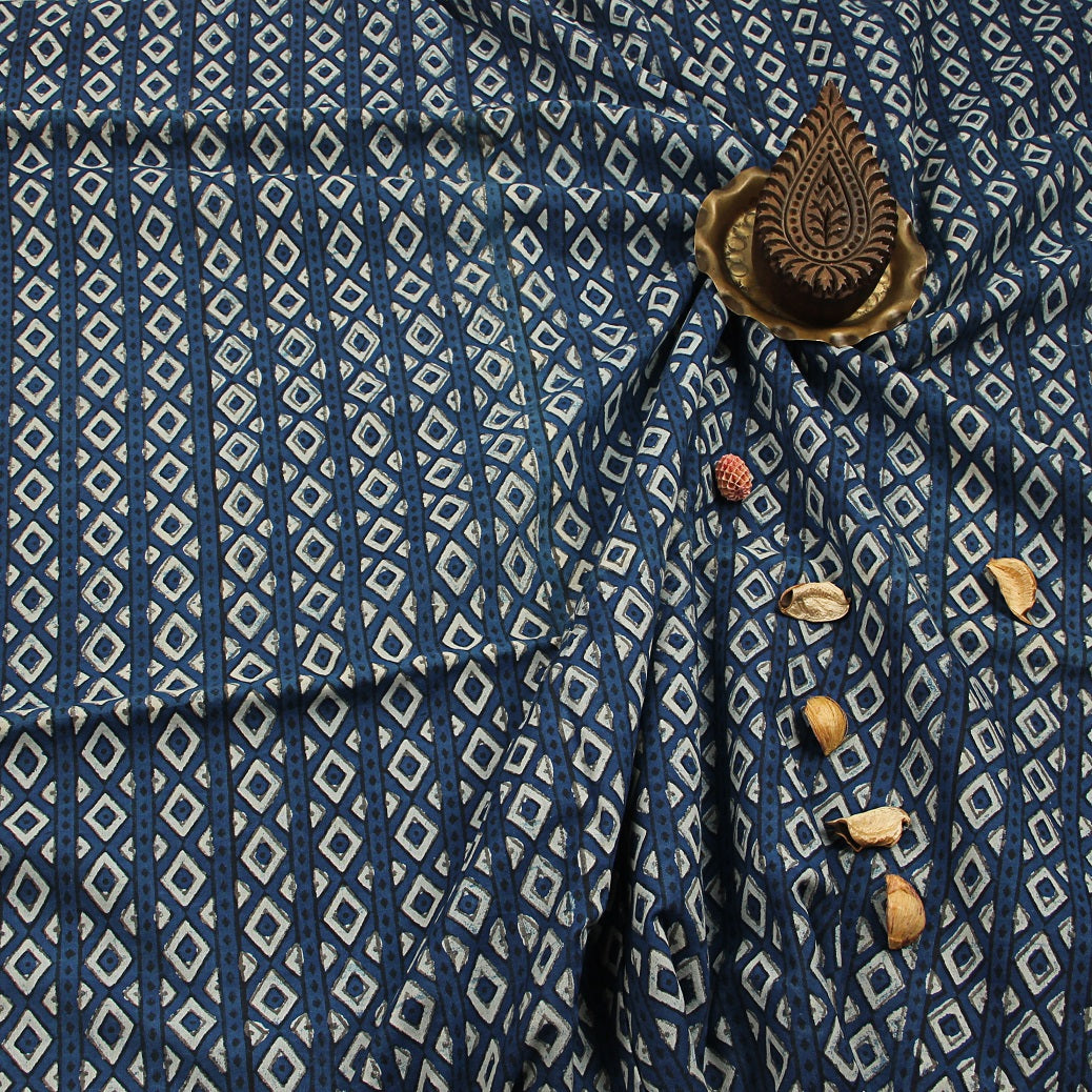 Blue Geometric Dabu Hand Block Print Cotton Fabric