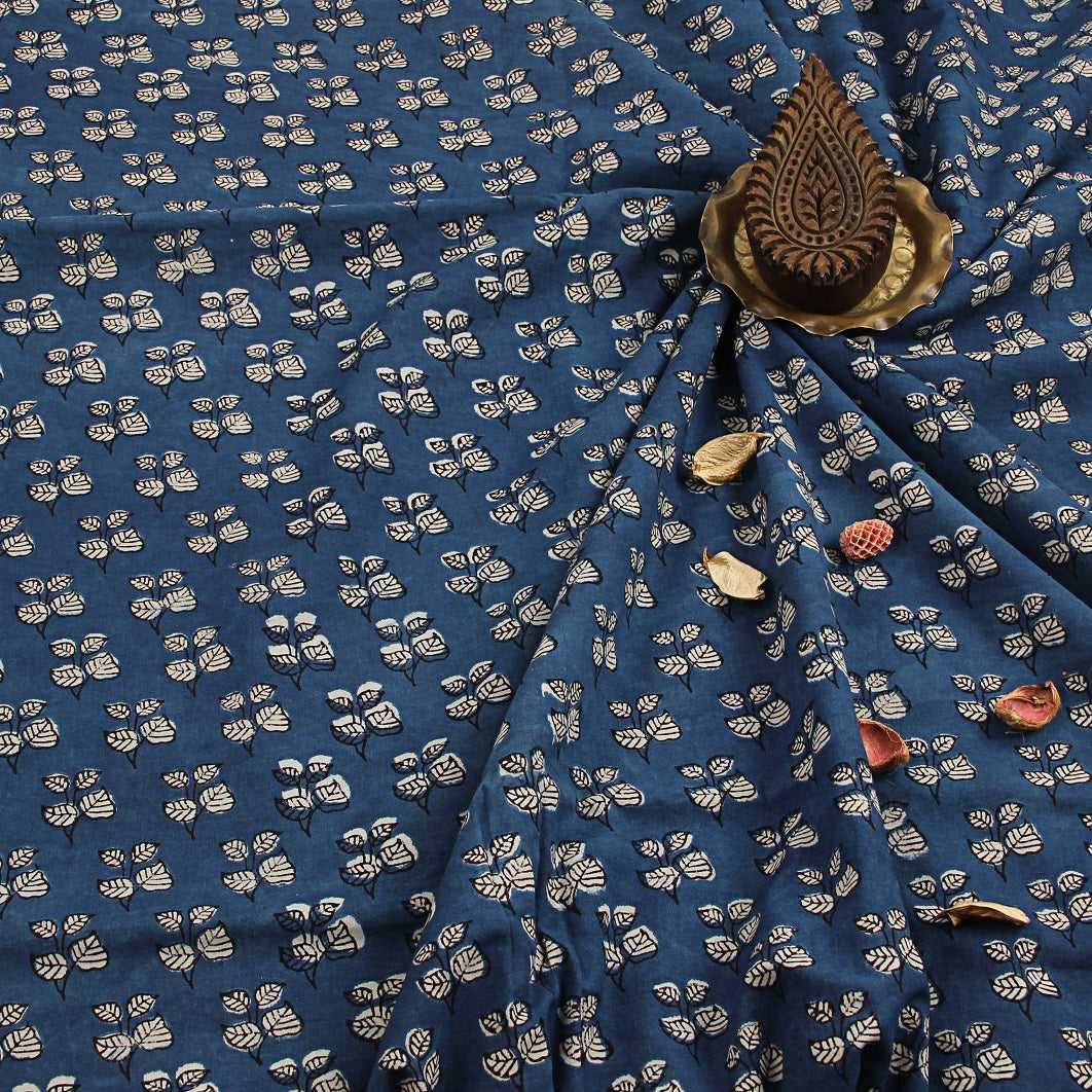 Blue Leaf Dabu Hand Block Print Cotton Fabric
