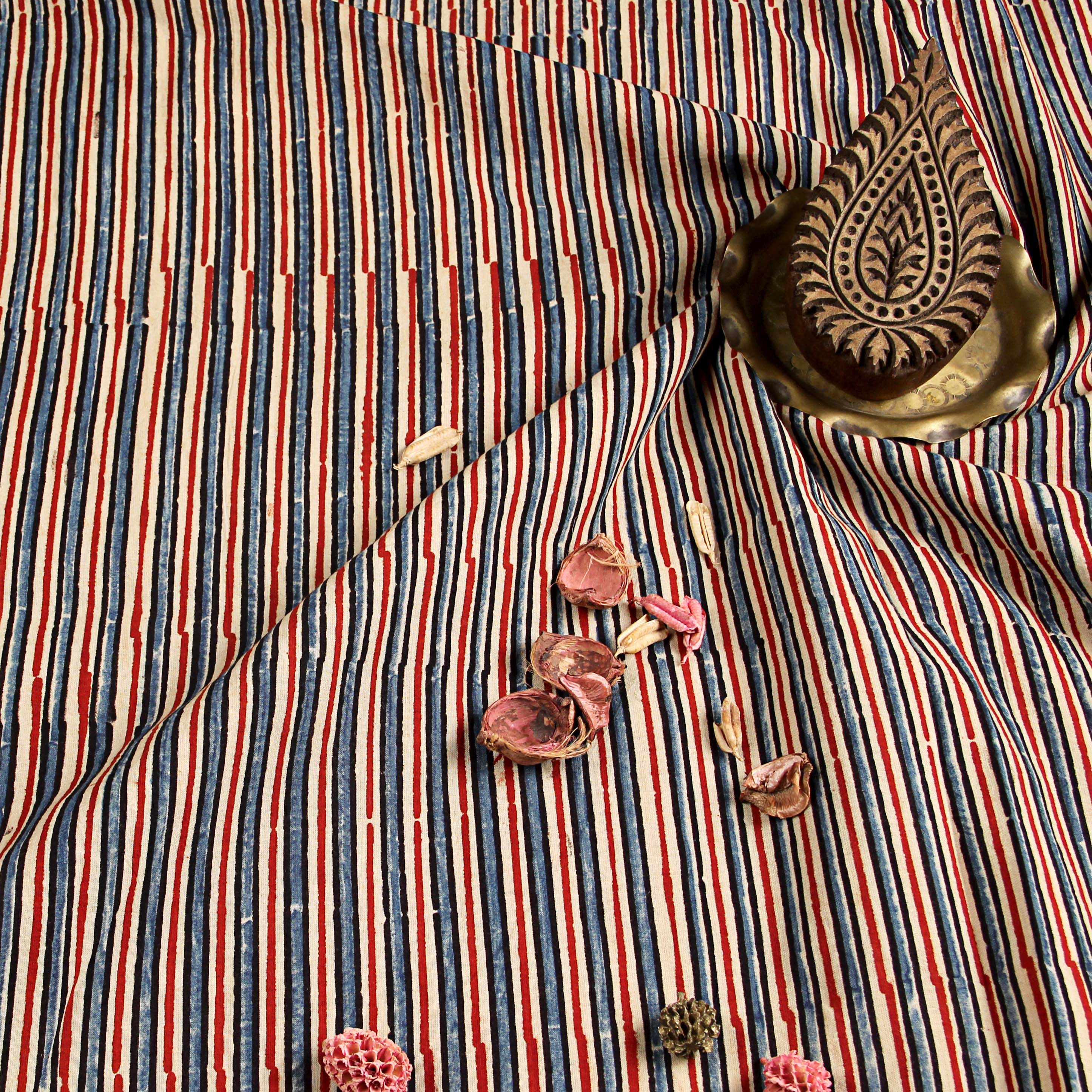 Multi Stripes Ajrakh Hand Block Print Cotton Fabric