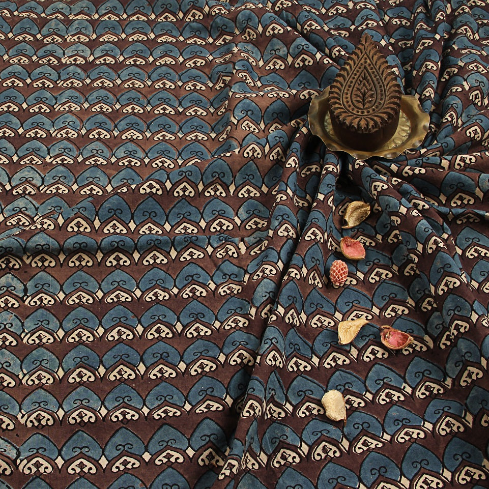 Brown Geomteric Ajrakh Hand Block Printed Cotton Fabric