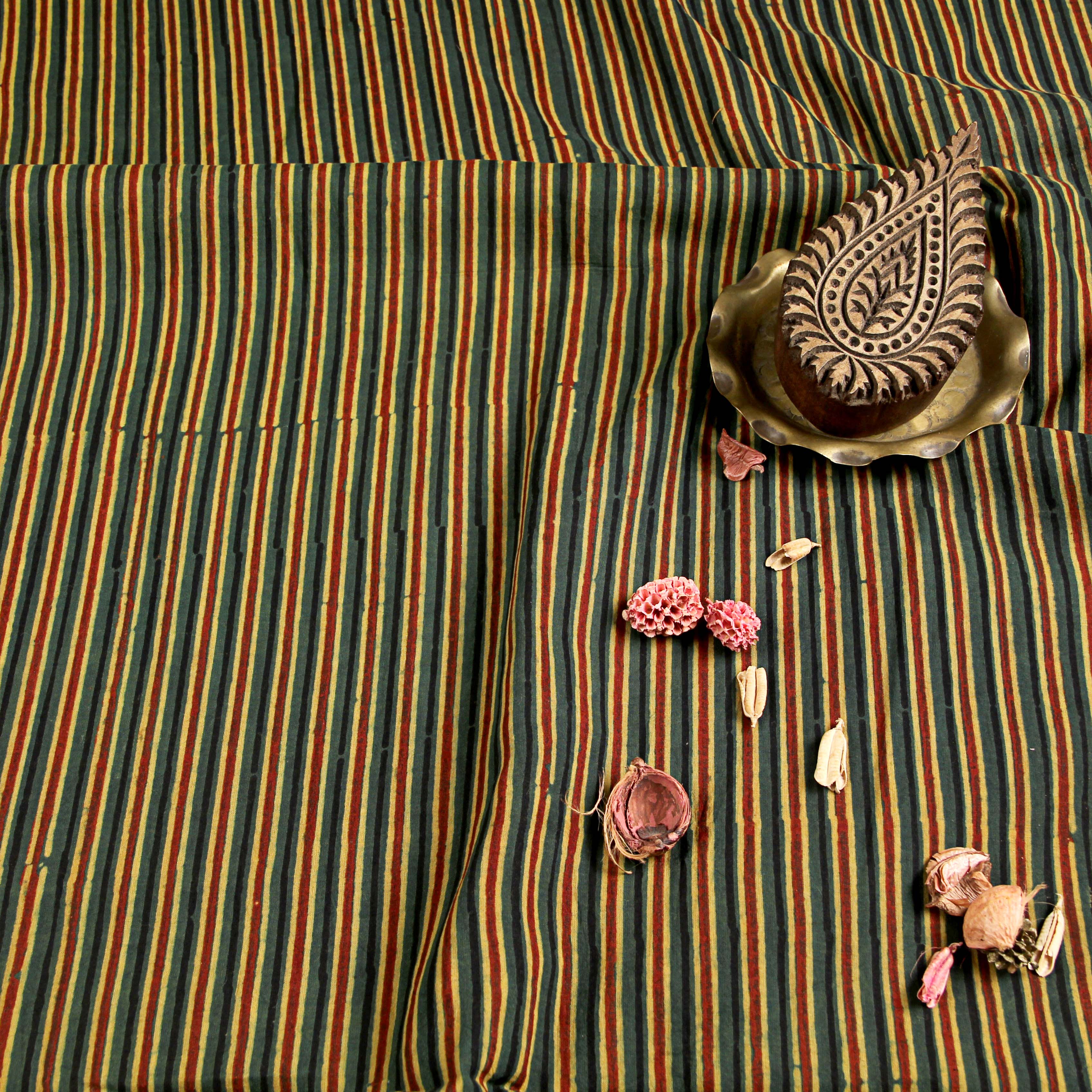 Multi Stripes Ajrakh Hand Block Print Cotton Fabric
