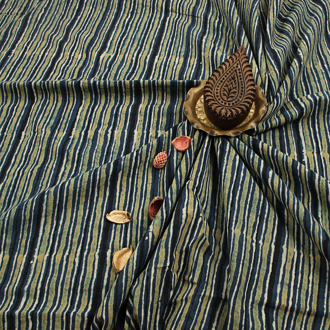 Blue Stripes Ajrakh Hand Block Print Cotton Fabric