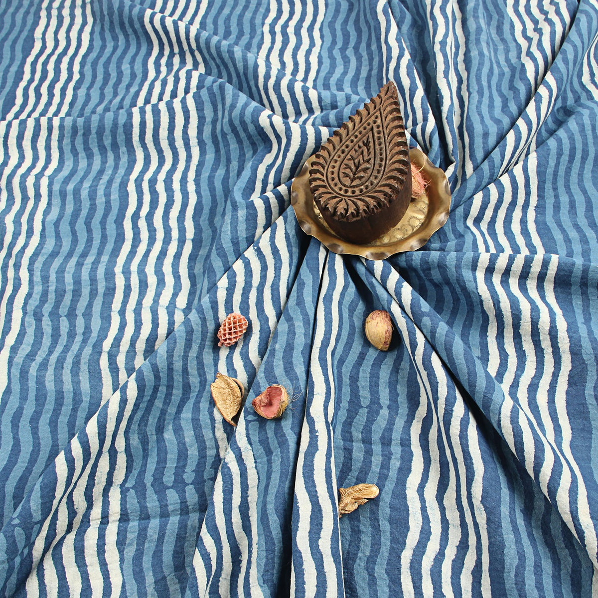 Blue Stripes Dabu Hand Block Printed Cotton Fabric