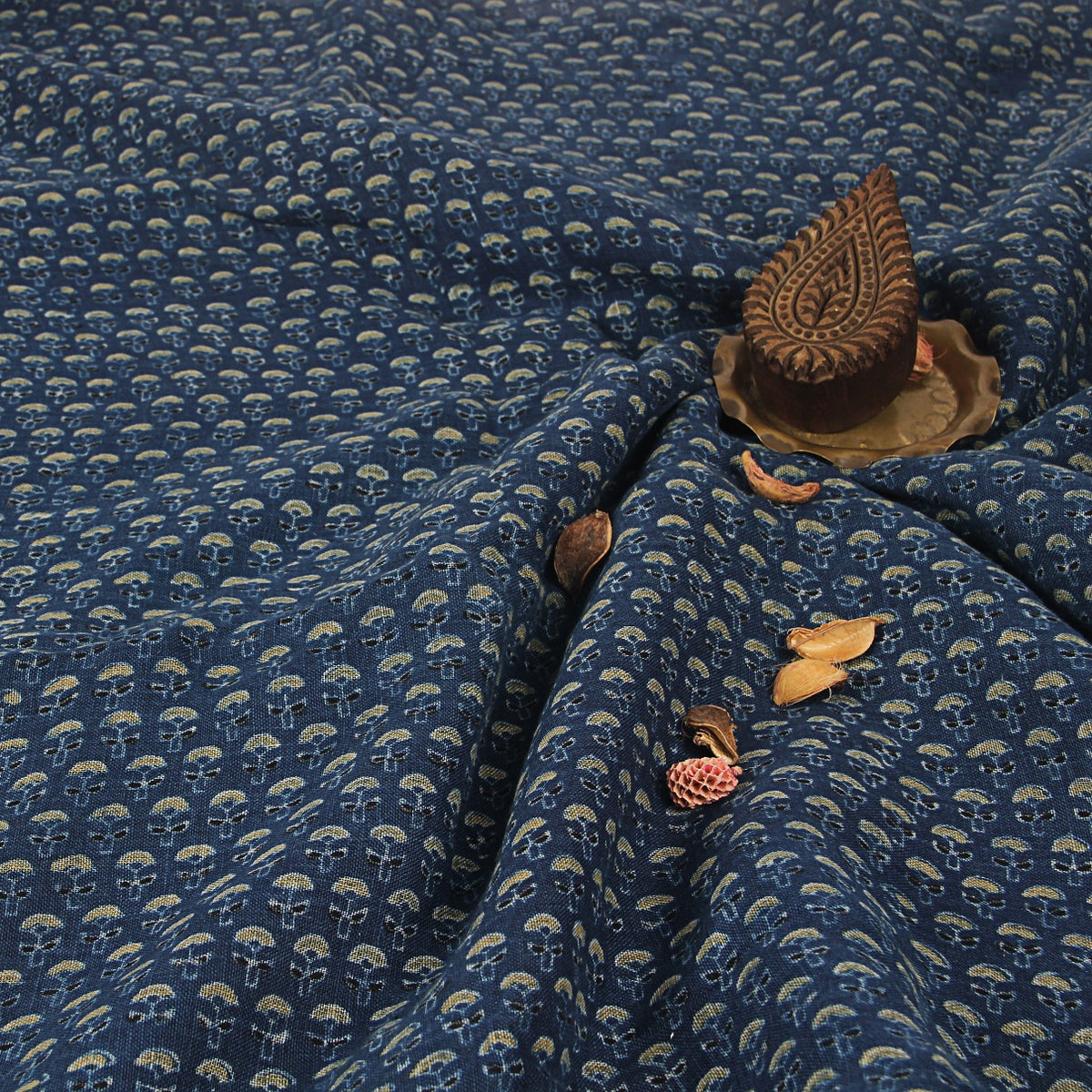 Blue Butti Ajrakh Hand Block Print Linen Fabric