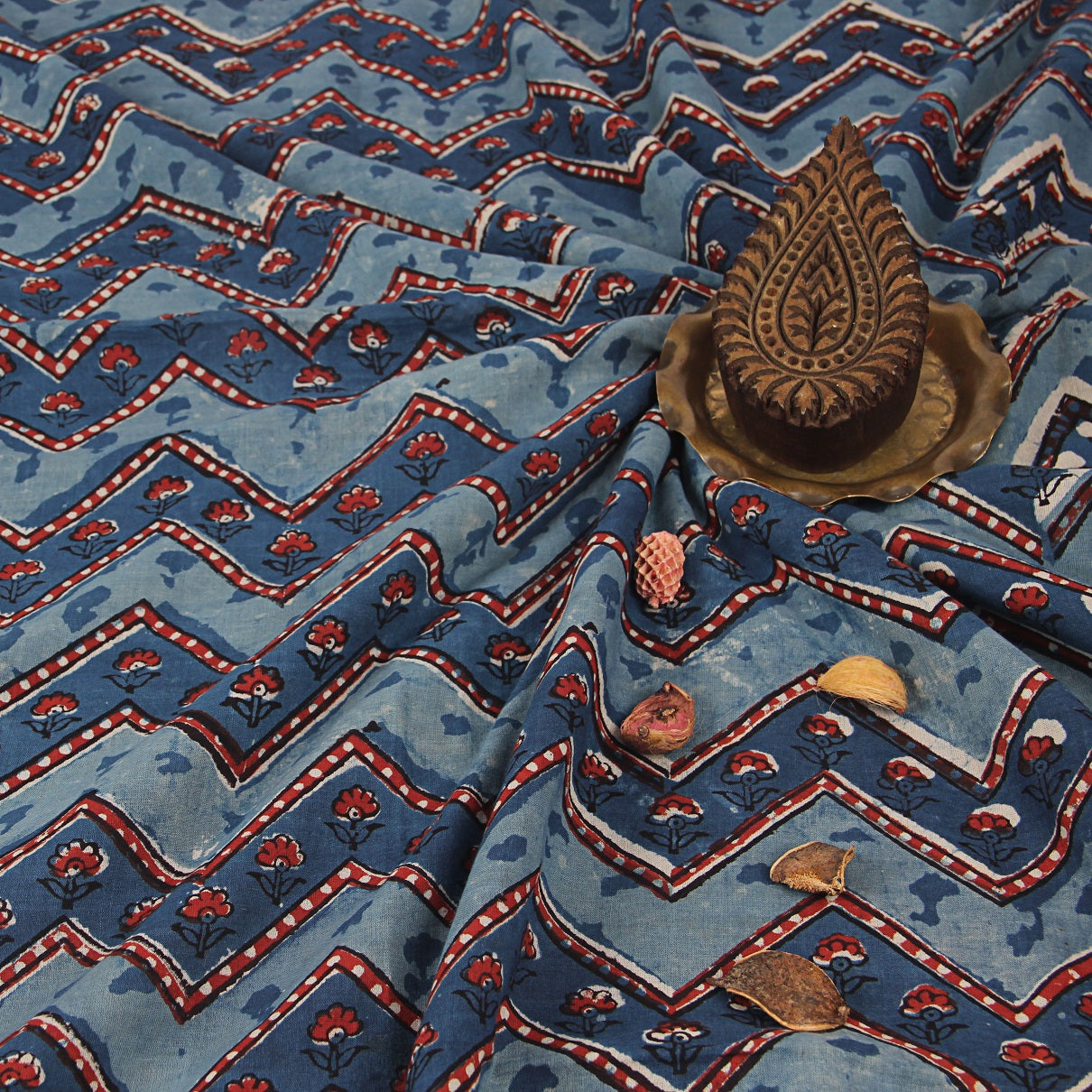 Blue Geometric Jahota Hand Block Print Mul Cotton Fabric