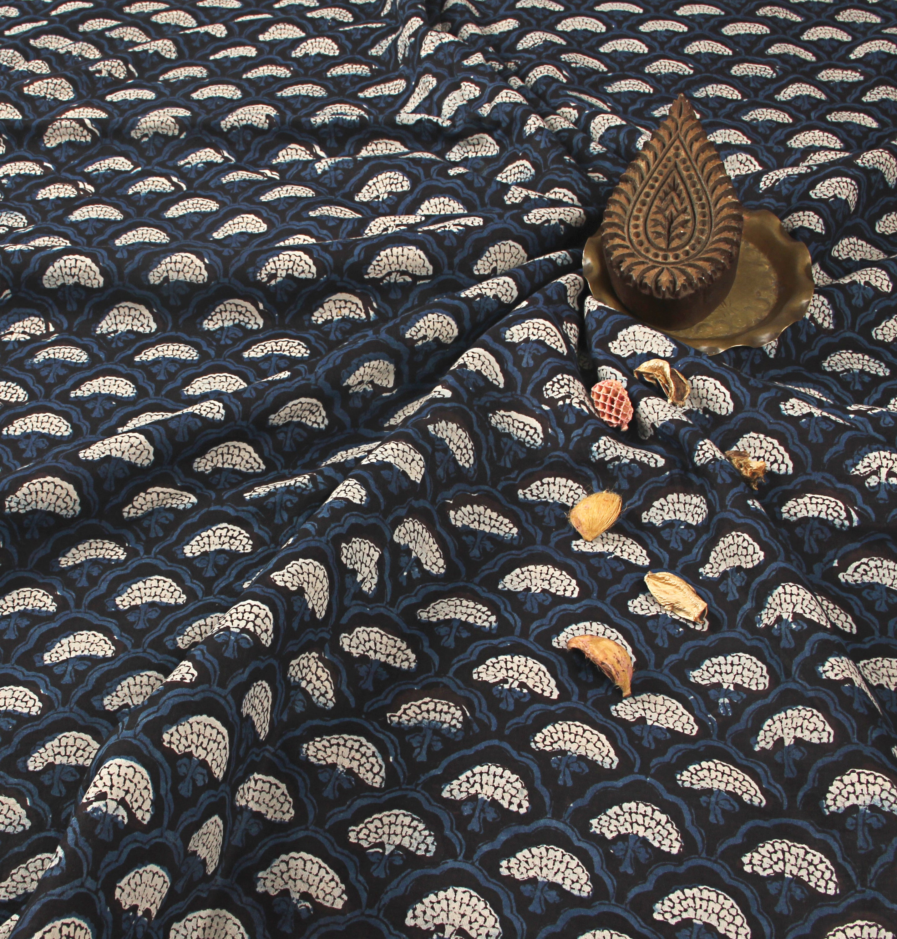 Blue Floral Jaal Jahota Hand Block Print Cotton Fabric