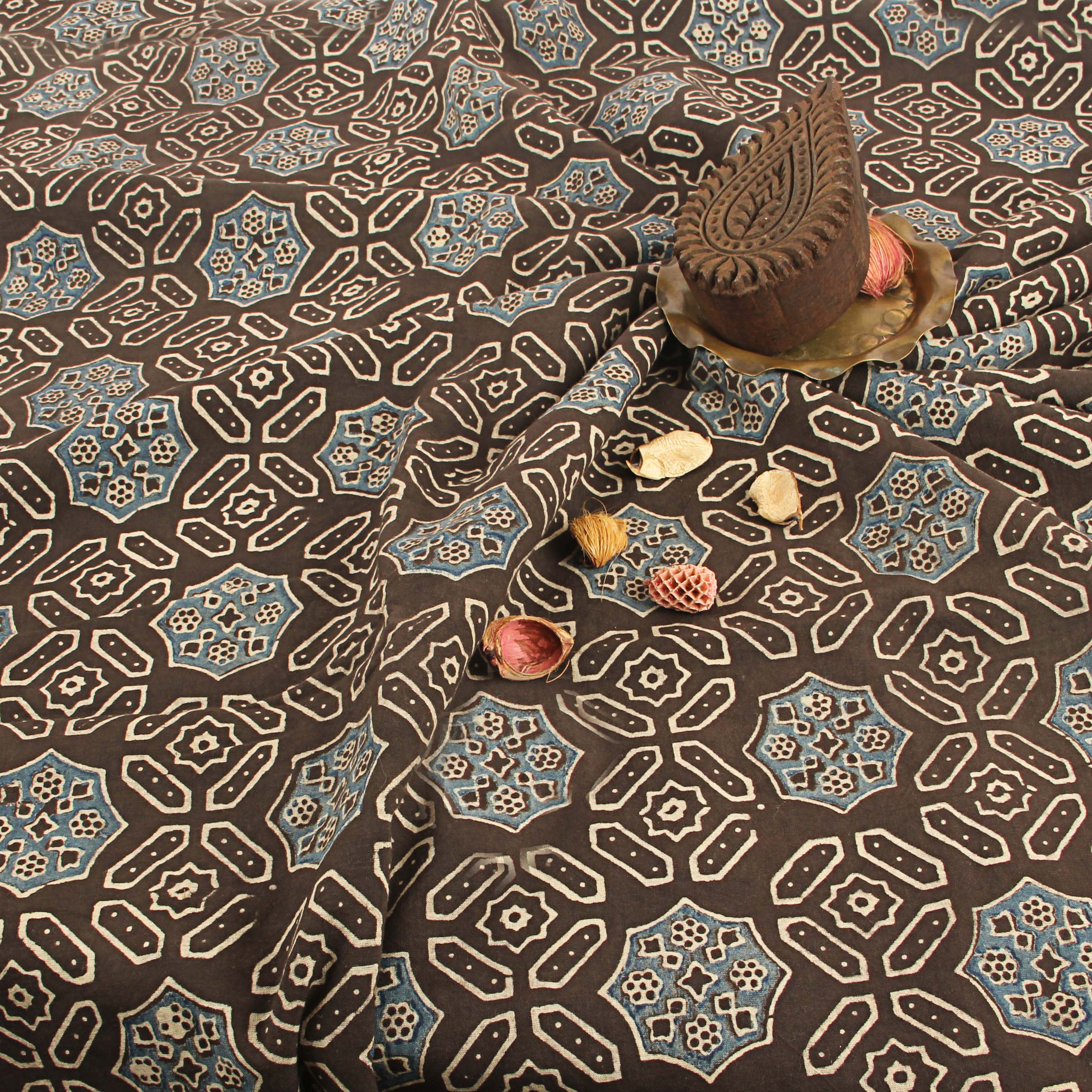 Black Geometric Ajrakh Hand Block Print Cotton Fabric