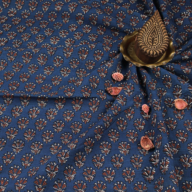 Blue Floral Fadat Hand Block Print Cotton Fabric