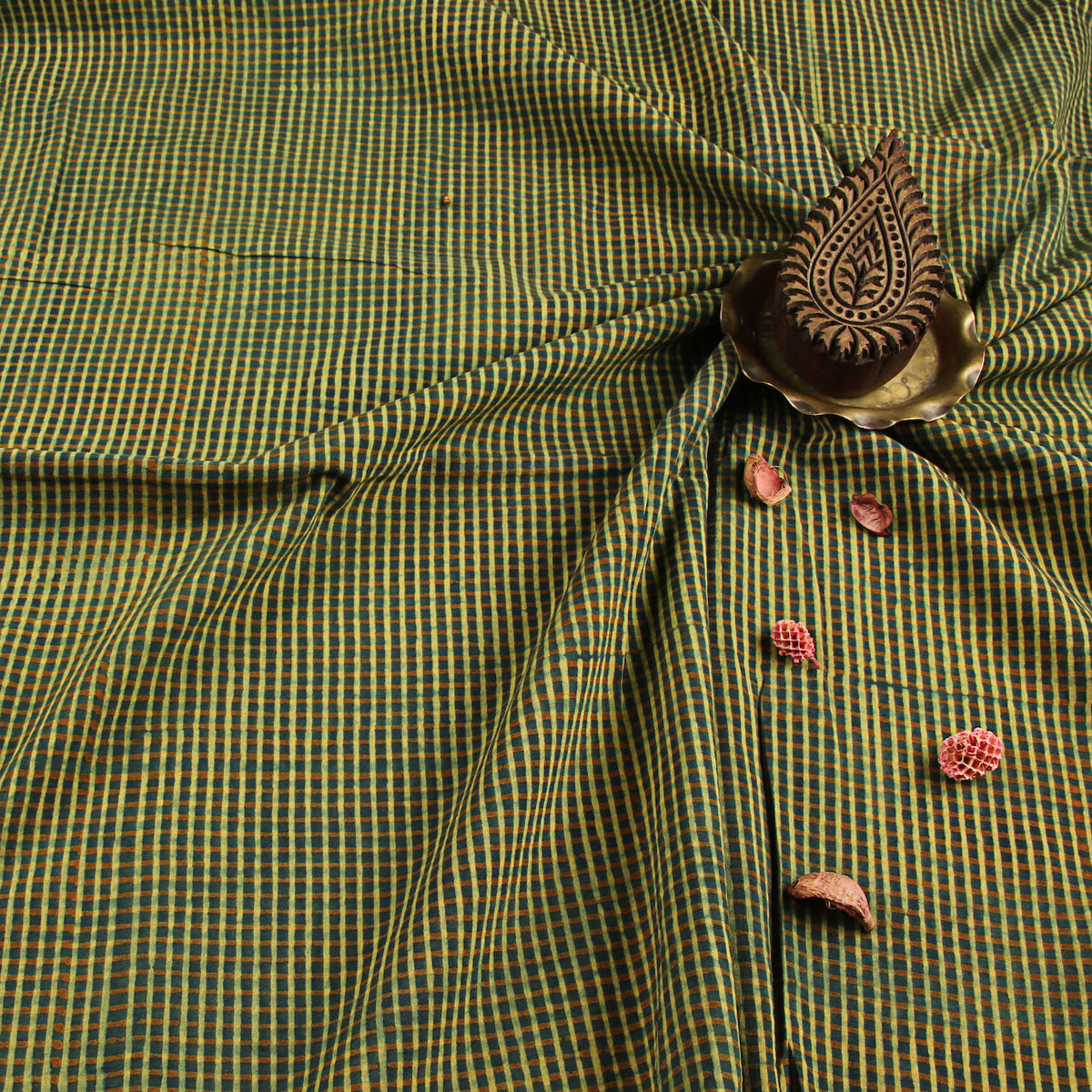 Green Checks Ajrakh Hand Block Print Cotton Fabric