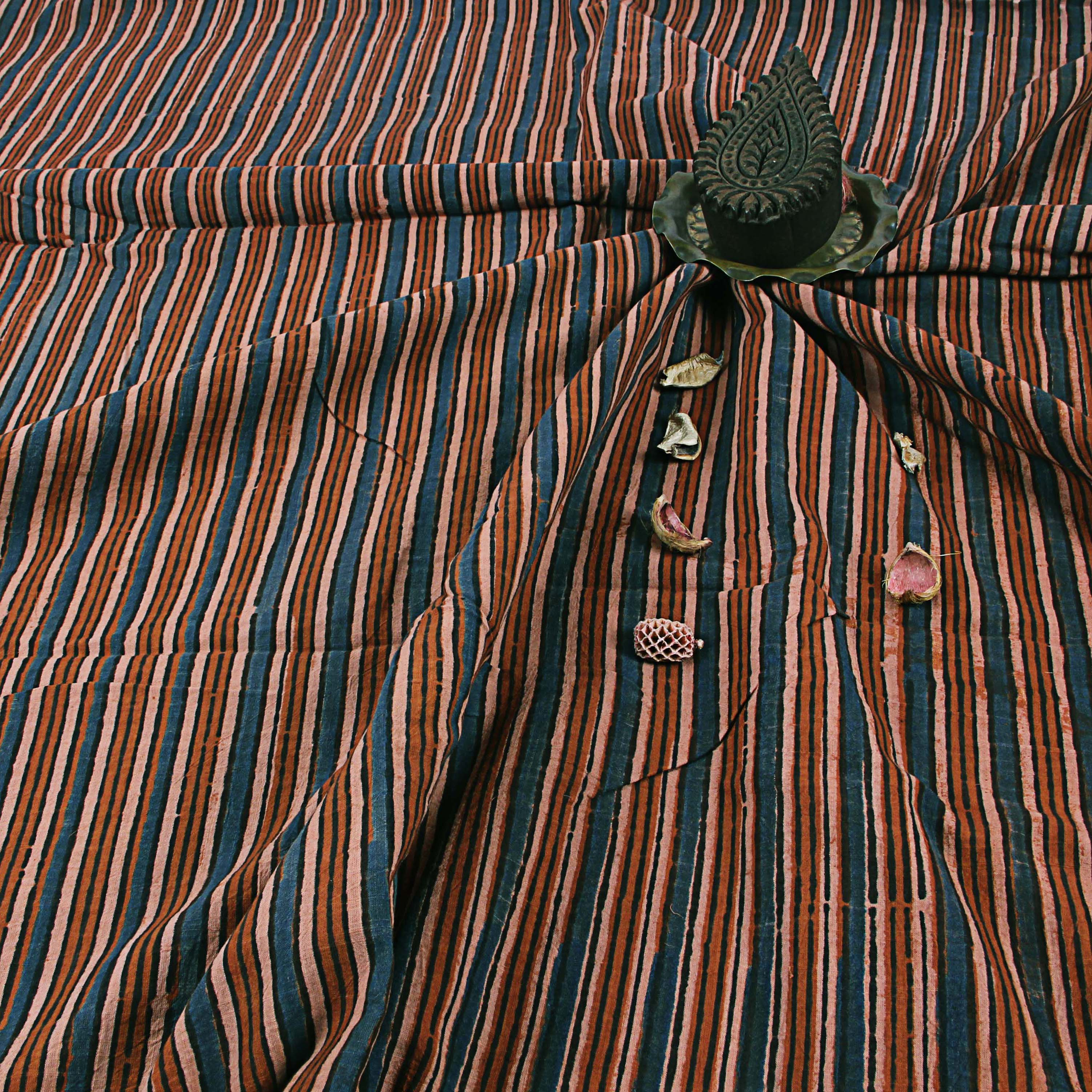 Multi Stripes Ajrakh Hand Block Print Slub Cotton Fabric