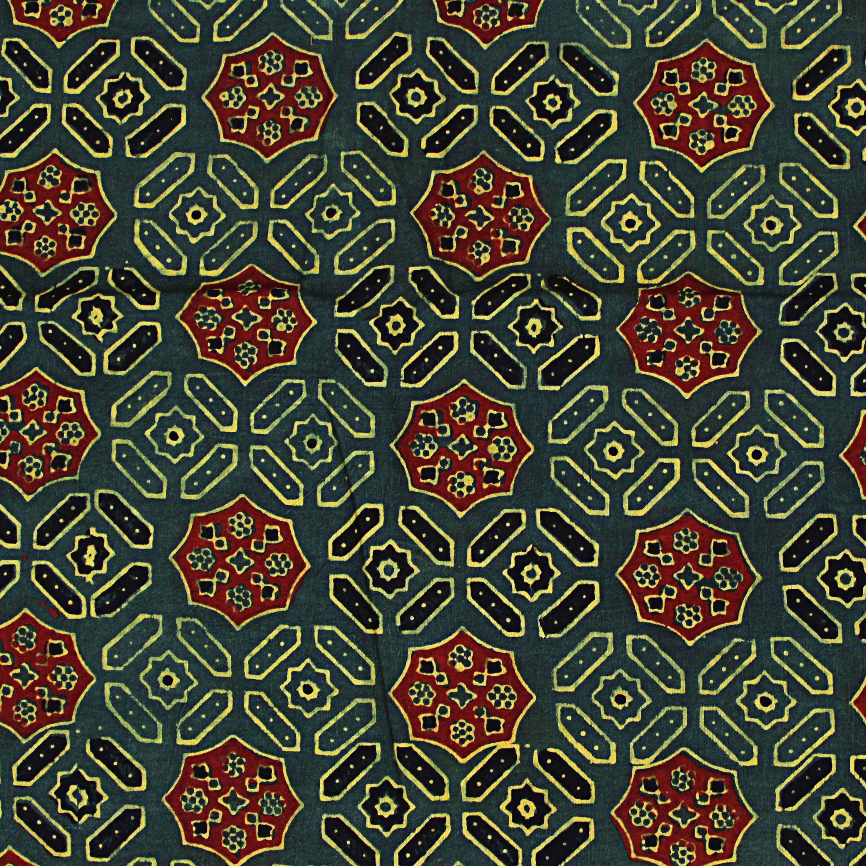 Green Geometric Ajrakh Hand Block Print Cotton Fabric