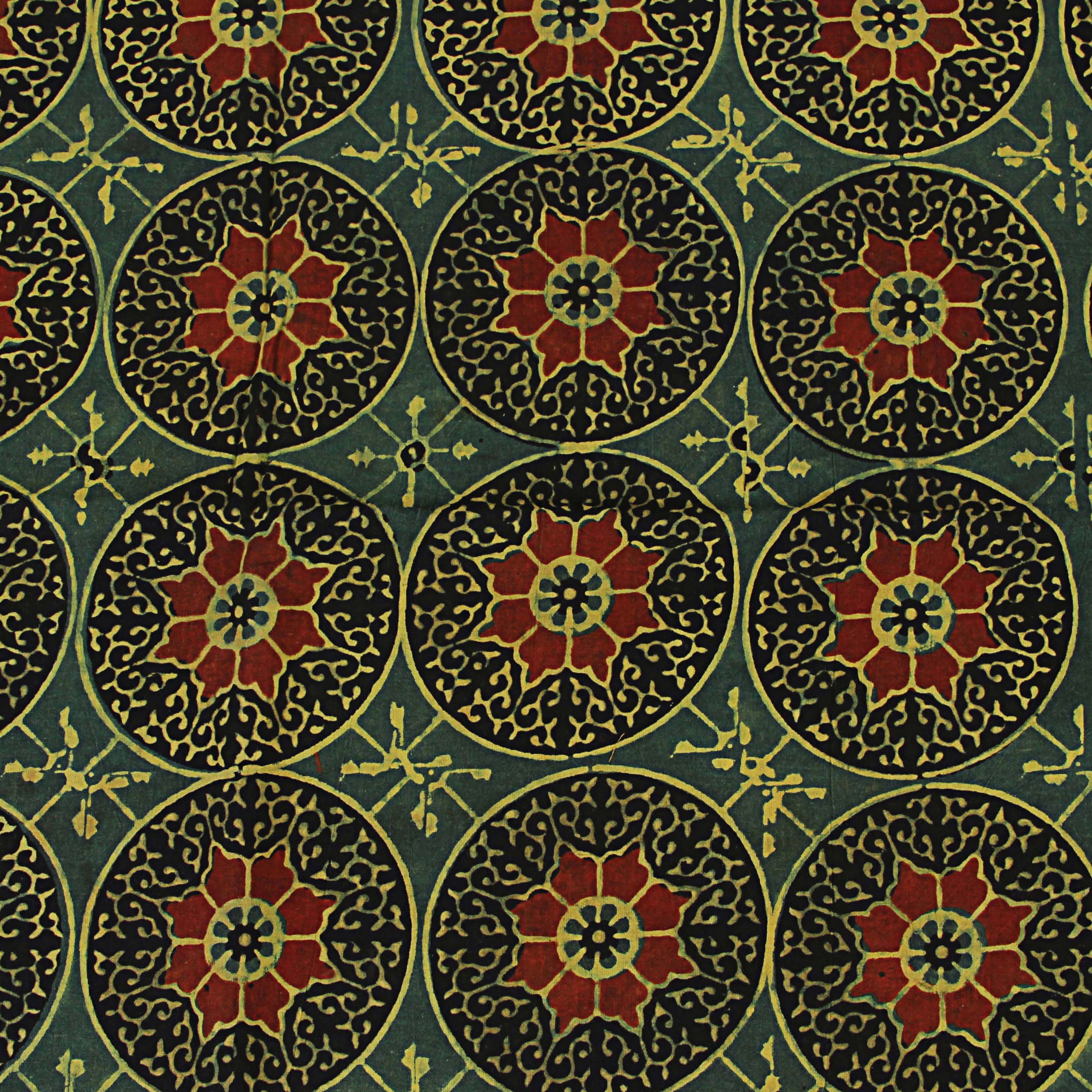 Green Geometric Ajrakh Hand Block Print Cotton Fabric