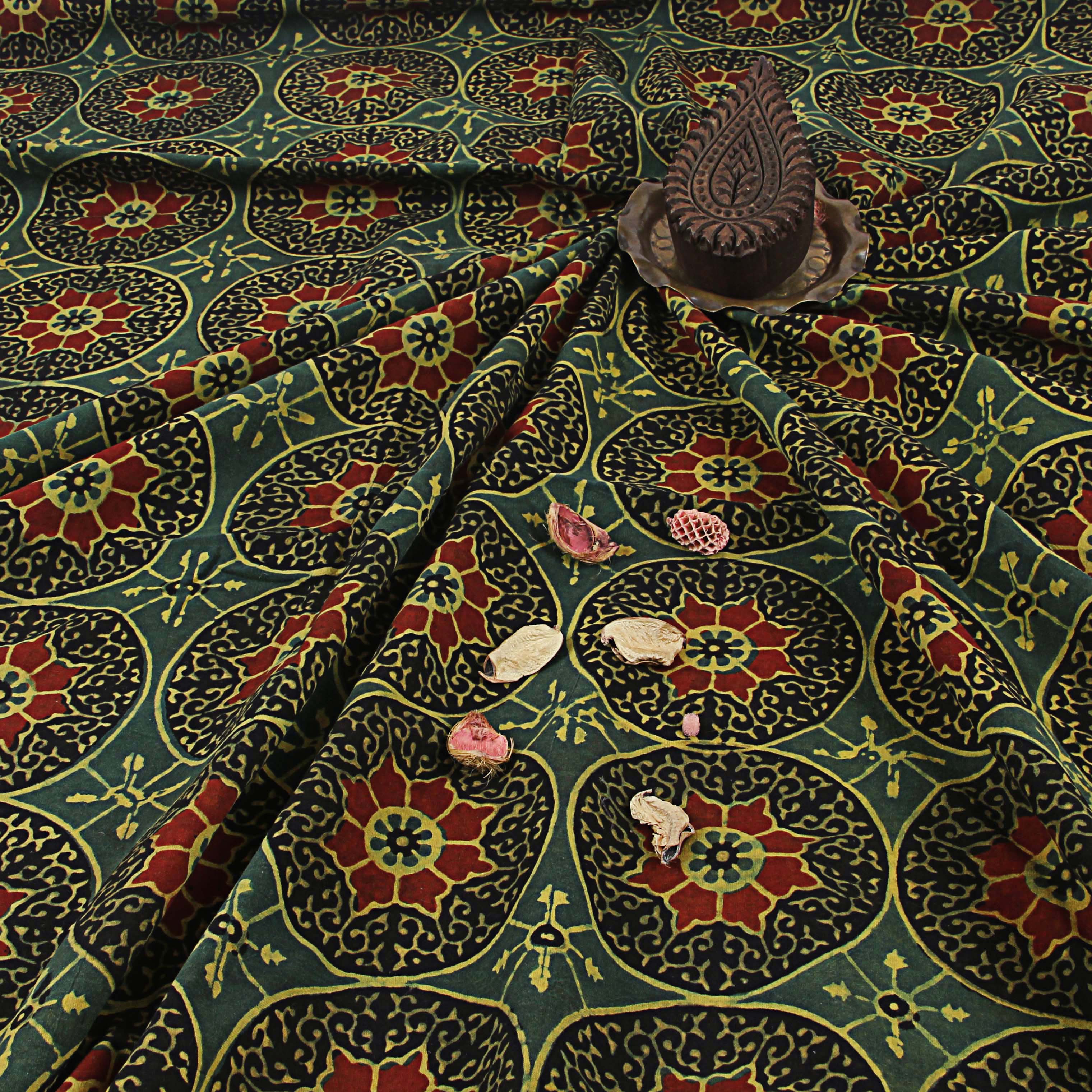 Green Geometric Ajrakh Hand Block Print Cotton Fabric