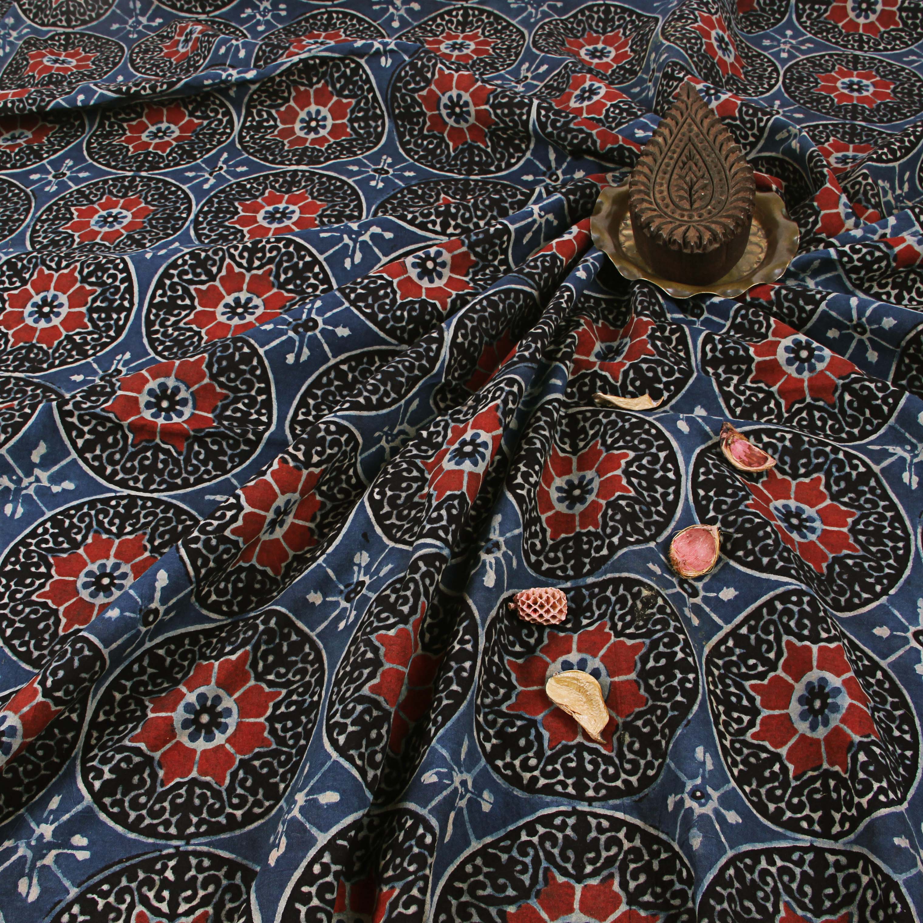 Blue Geometric Ajrakh Hand Block Print Cotton Fabric