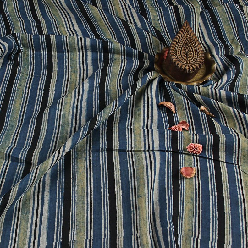 Blue Stripes Ajrakh Hand Block Print Mul Cotton Fabric