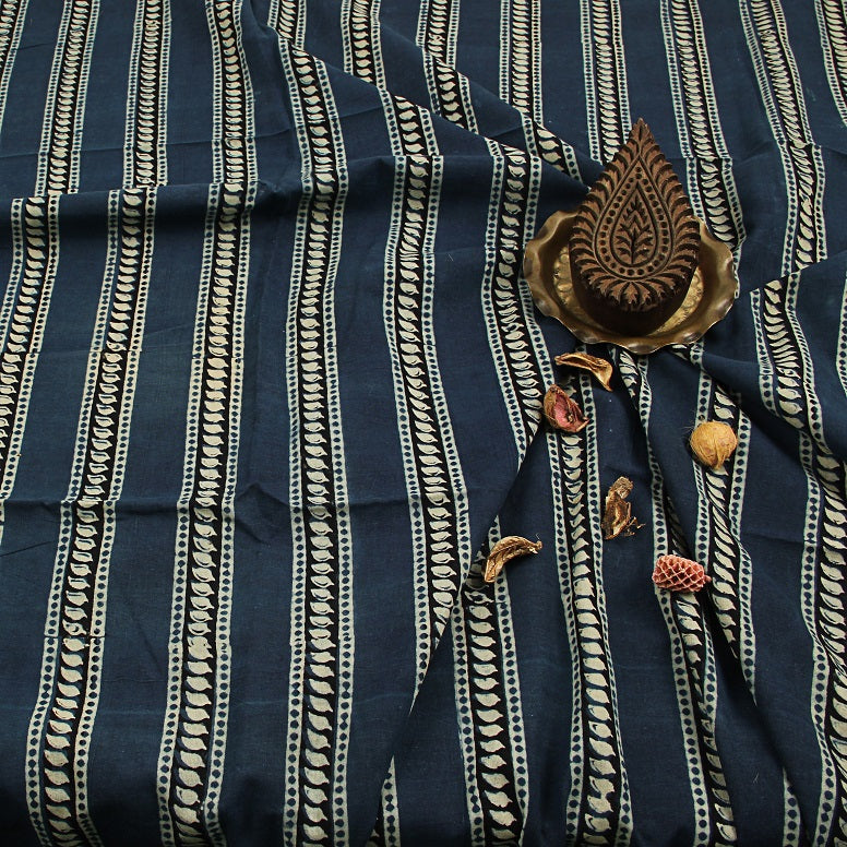 Blue Leaf Ajrakh Hand Block Print Cotton Fabric