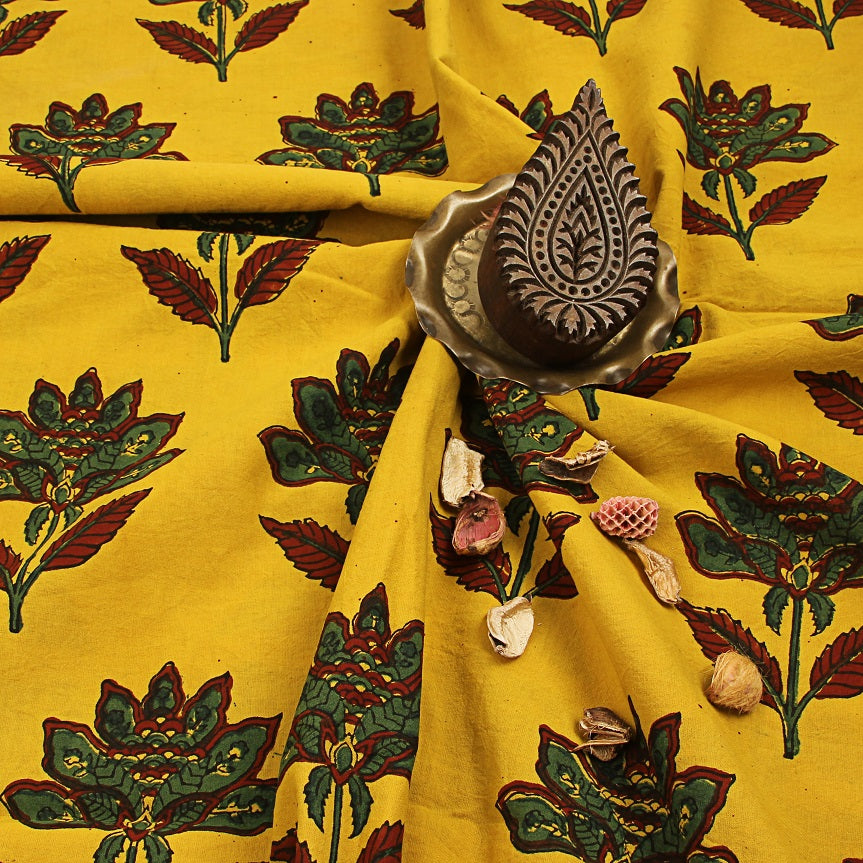 Yellow Floral Ajrakh Hand Block Print Cotton Fabric
