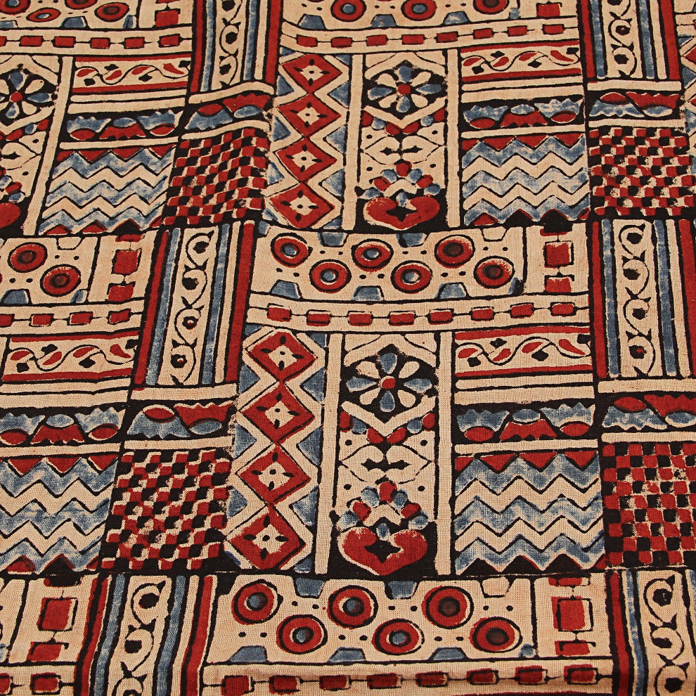Red Geometric Ajrakh Hand Block Print Cotton Fabric