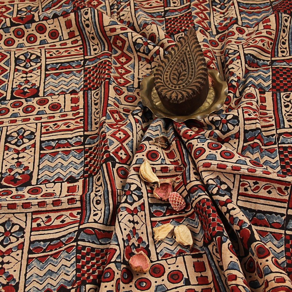 Red Geometric Ajrakh Hand Block Print Cotton Fabric