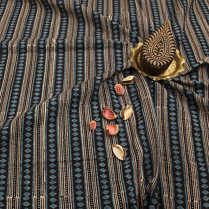 Blue Stripes Ajrakh Hand Block Print Cotton Fabric