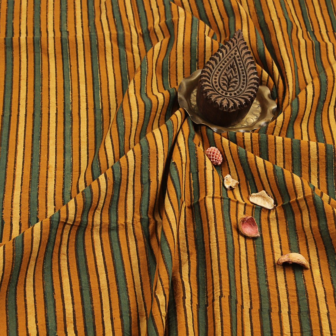 Multi Stripes Ajrakh Hand Block Print Cotton Fabric