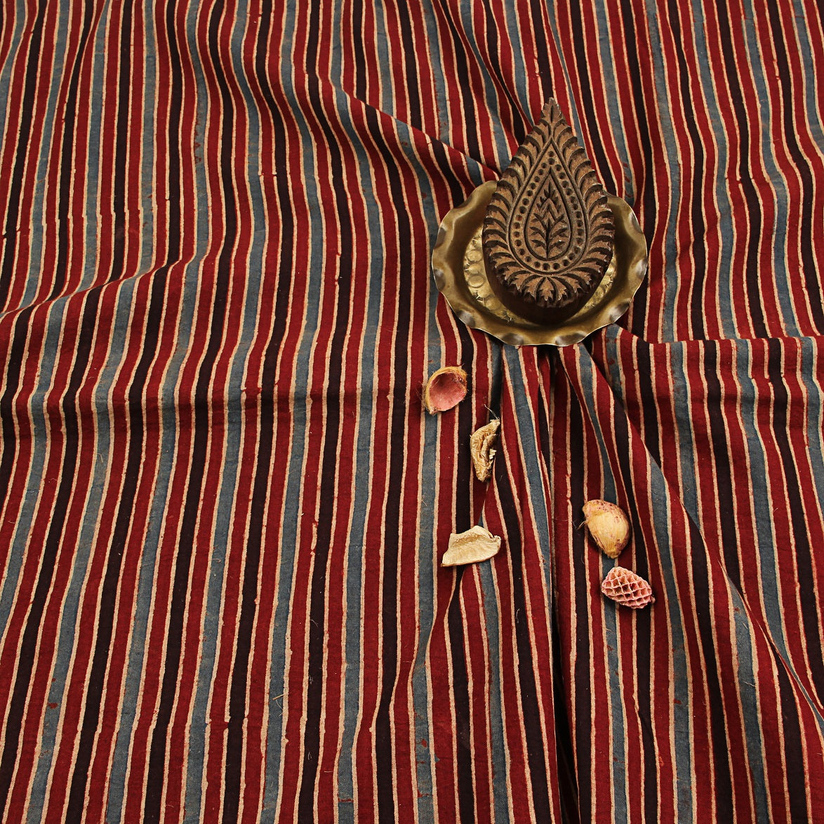 Multi Stripes Ajrakh Hand Block Print Cotton Fabric
