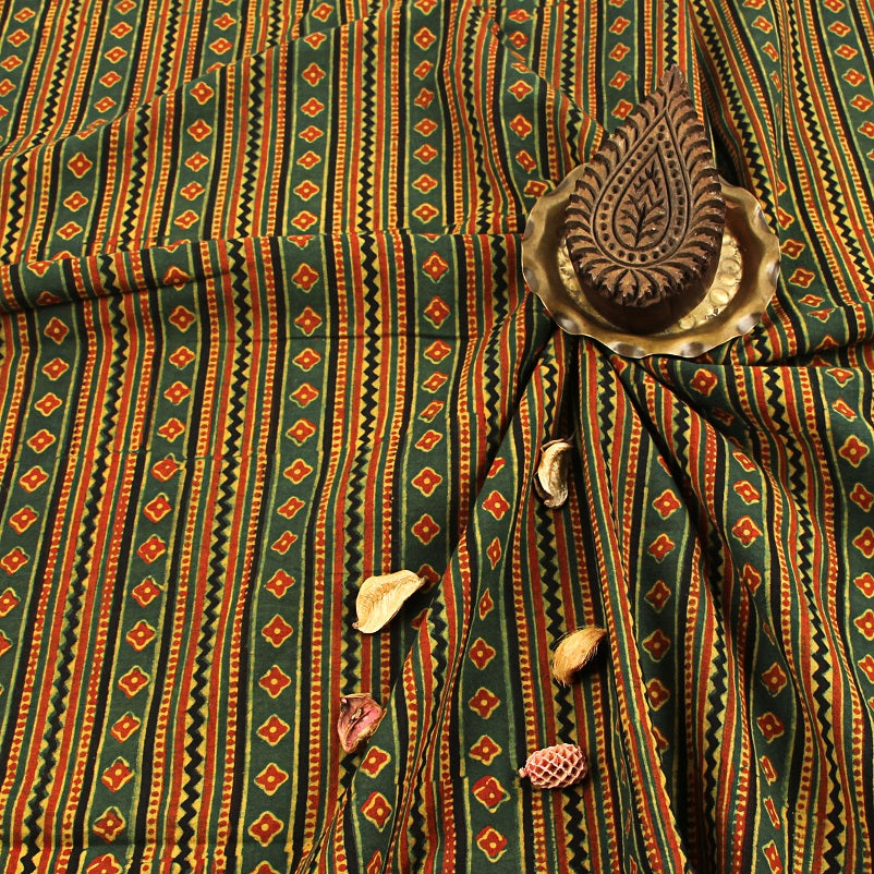 Green Floral Ajrakh Hand Block Print Cotton Fabric