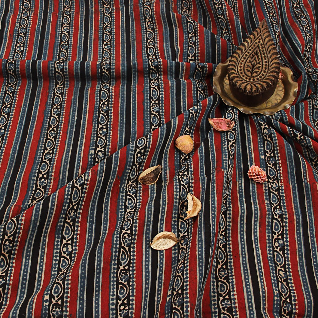 Blue Leaf Border Ajrakh Hand Block Print Cotton Fabric