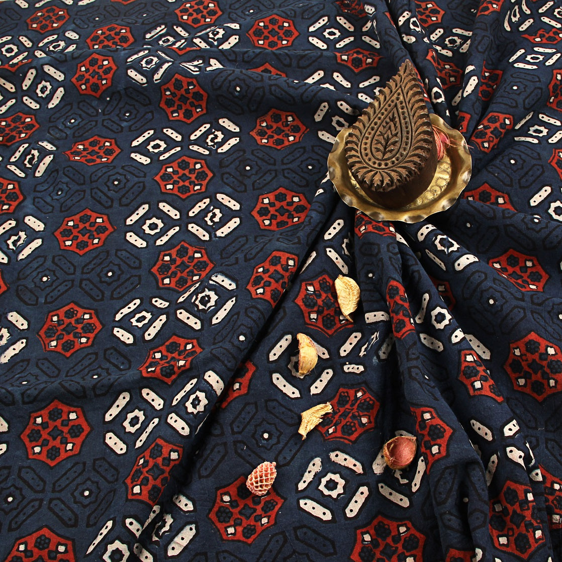 Blue Geometric Ajrakh Hand Block Print Cotton Fabric