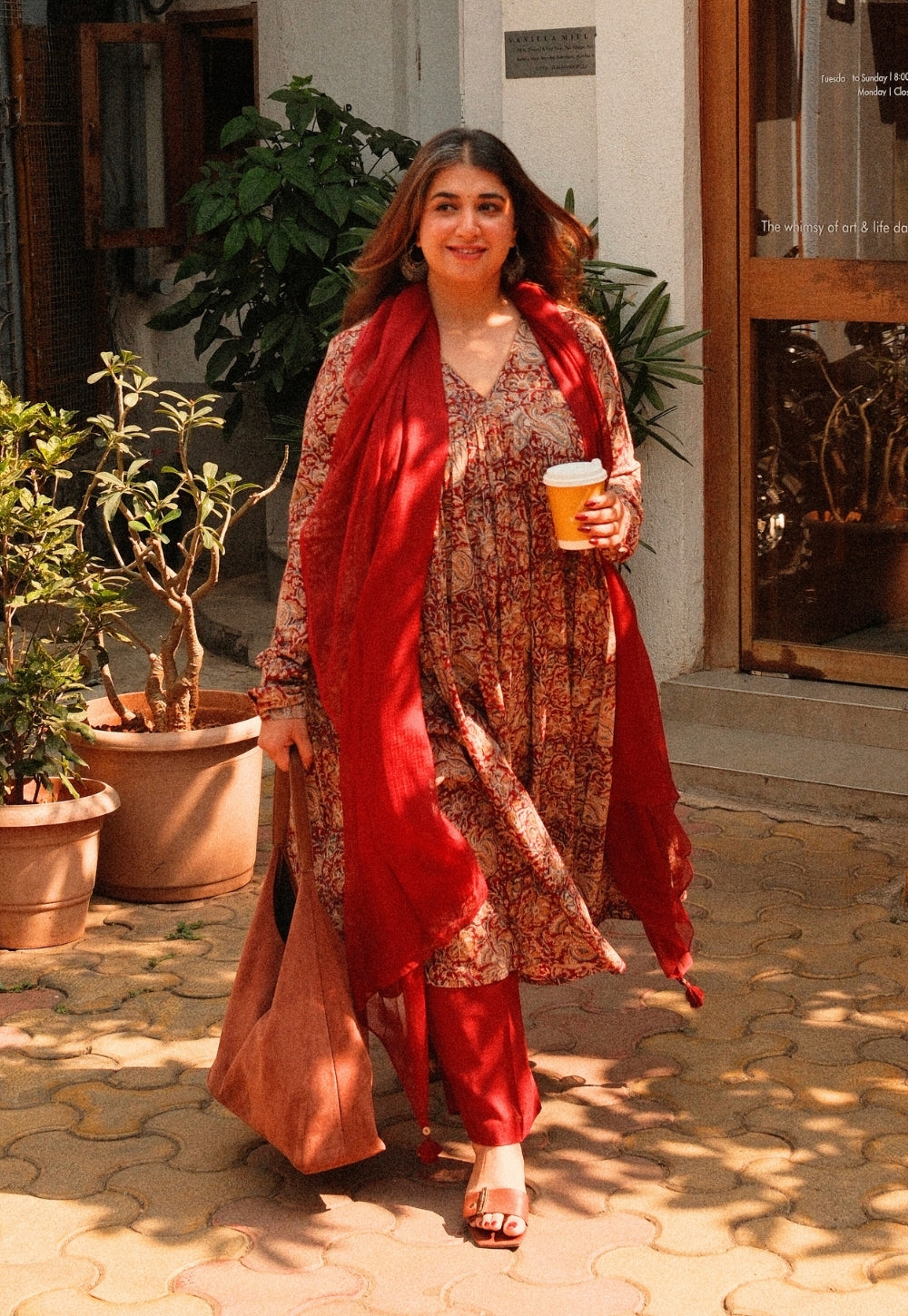 Farha Red Kalamkari Cotton A Line Kurta